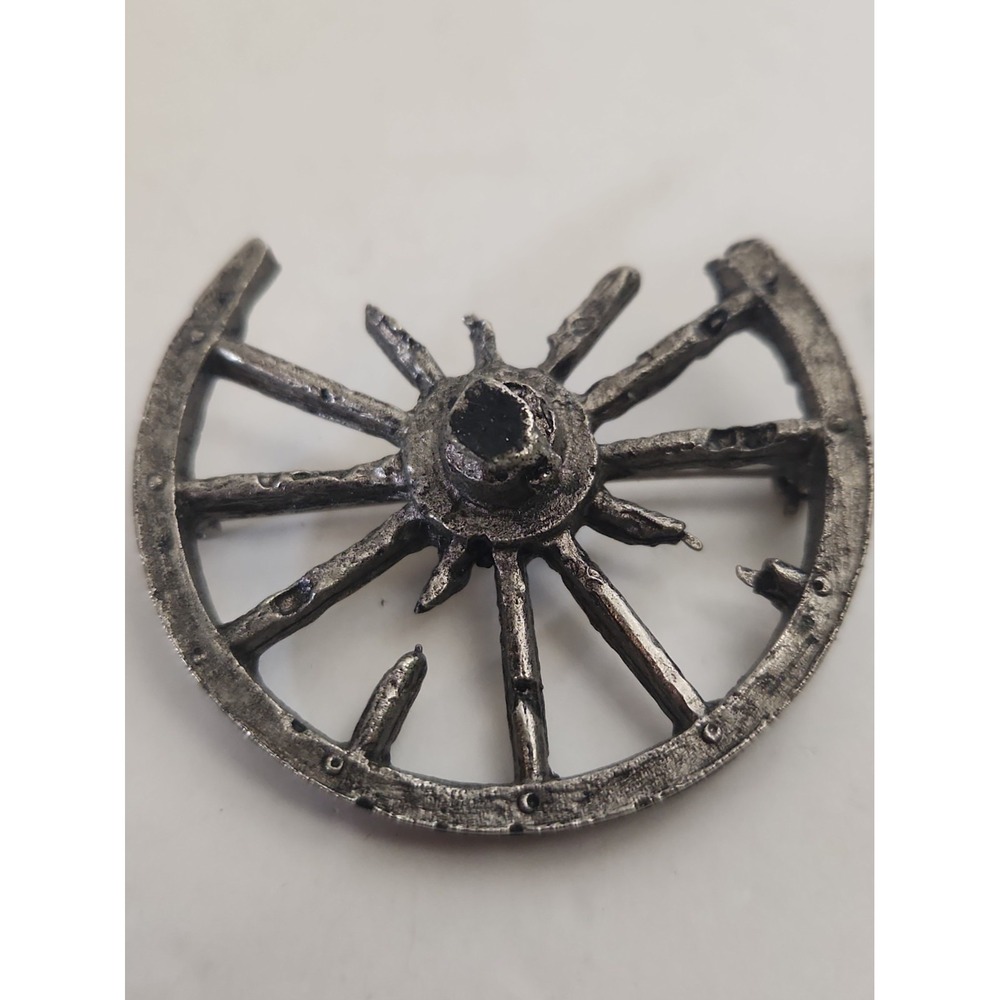 Vintage JOY Broken Wagon Wheel Brooch Pin Silvertone Mid Century Brutalist 2"